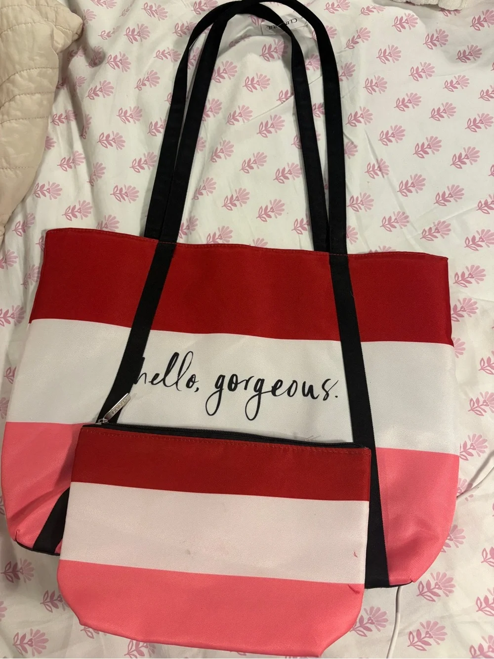 kate spade Clinique Hello Gorgeous Striped Tote & Pouch - Pink, White, Red